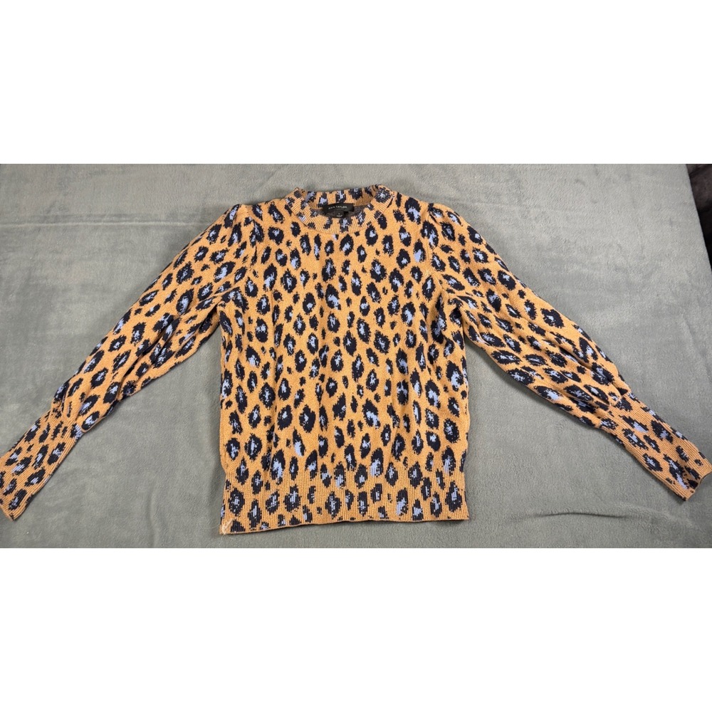 Ann Taylor Leopard Print Puff Sleeve Crew Neck Sweater Tan Blue Black Small
